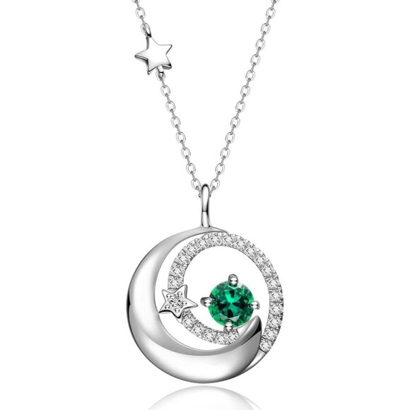 Women's Moon Star Silver Green Sterling Adjustable Chain Pendant Fine Necklaces - Picture 1 of 6